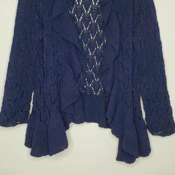 Plus Size 2X Long Sleeve Ruffle Trim Open Front Cardigan Navy Sweater Romantic - Picture 3 of 11